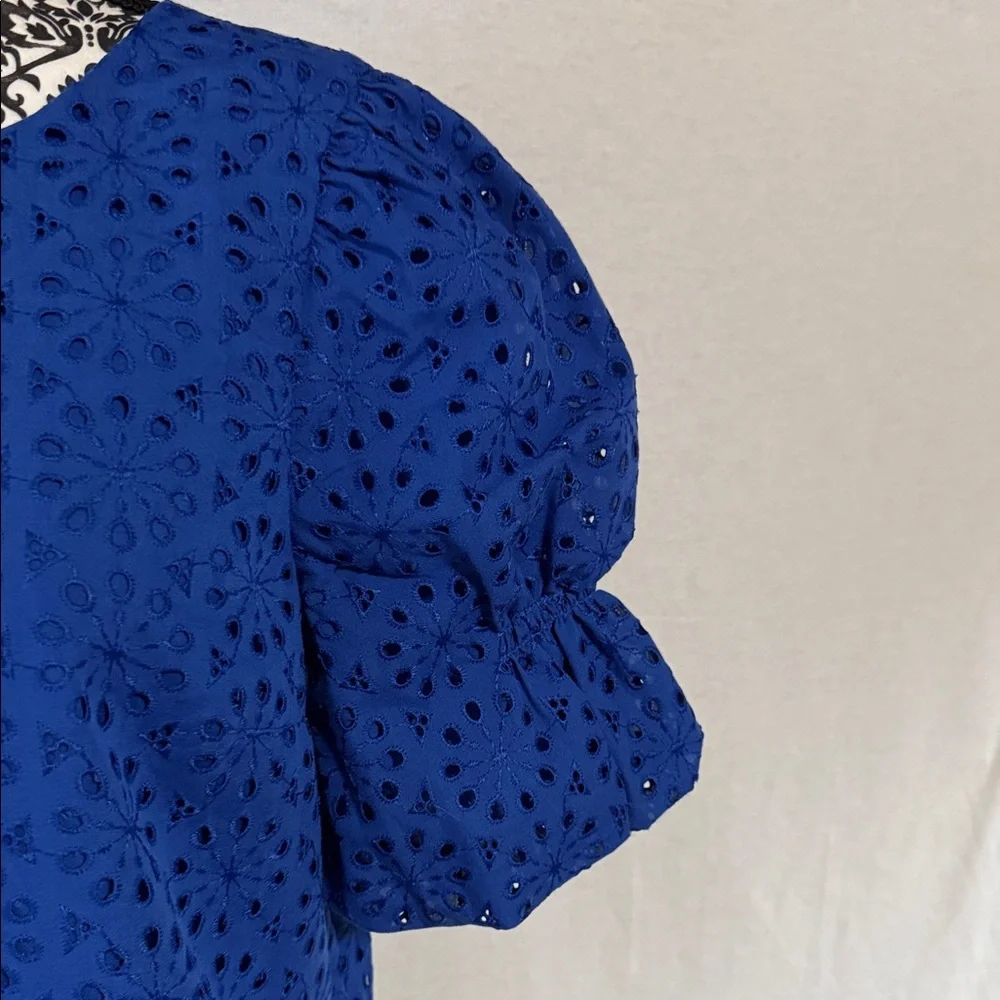 Lilly Pulitzer Shaila Top Baha Blue Eyelet Lined Blouse with puff sleeves Small